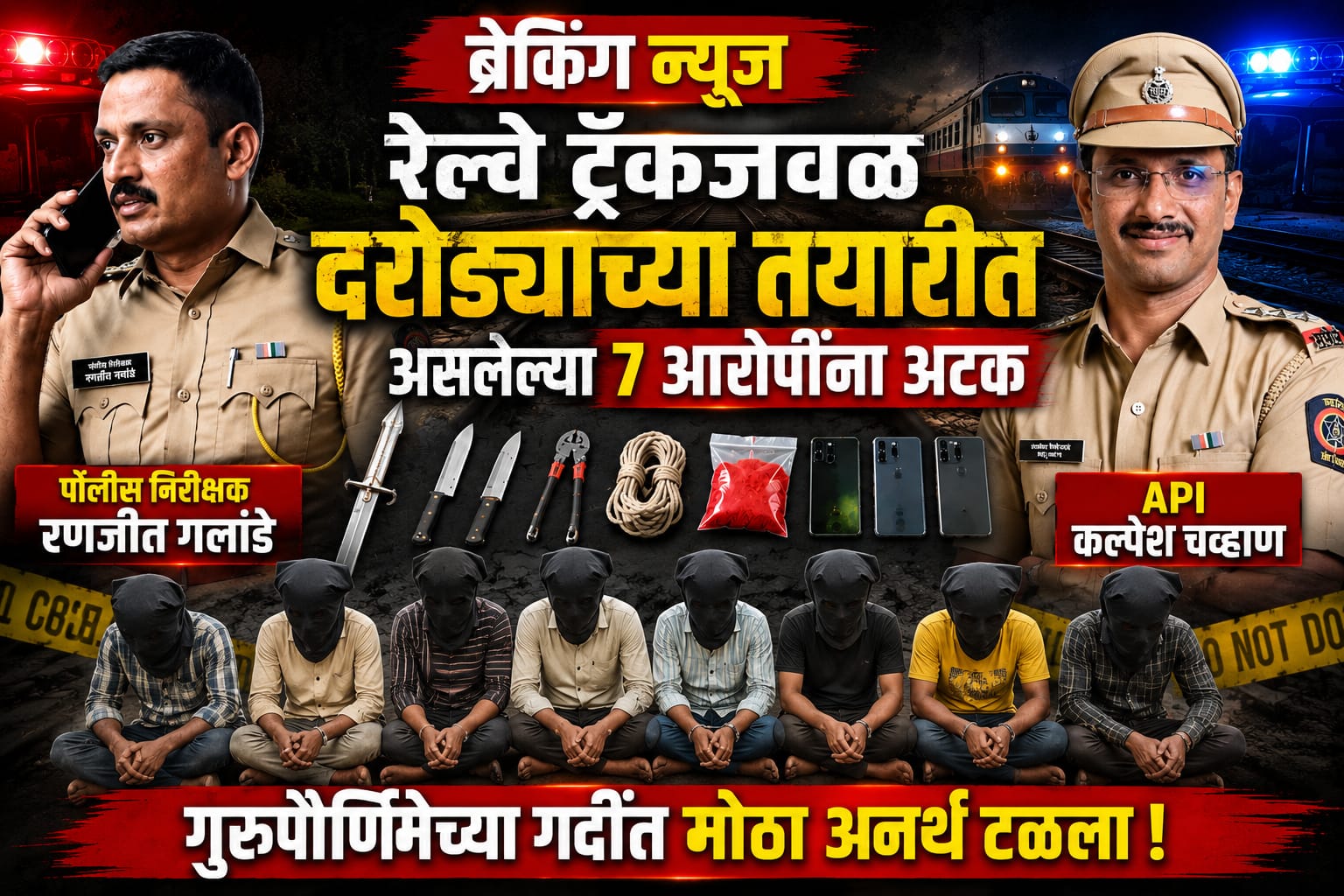 गुरुपौर्णिमा उत्सवकाळात मोठ्या दरोड्याचा कट पोलीसांनी उधळला..रेल्वे ट्रॅकजवळ दरोड्याच्या तयारीत दबा धरून बसलेल्या ७ आरोपींना शस्त्रे व दरोड्याचे साहित्यांसह अटक